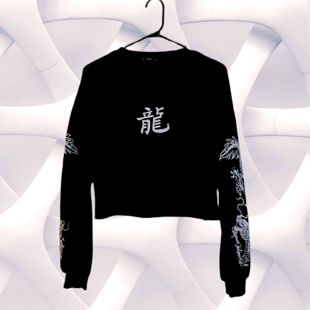 Black Crop Top with White Dragon Design